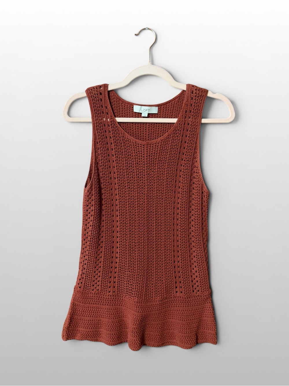 LOFT Rust Open Knit Sweater Tank Peplum Hem Sleeveless Boho Medium
